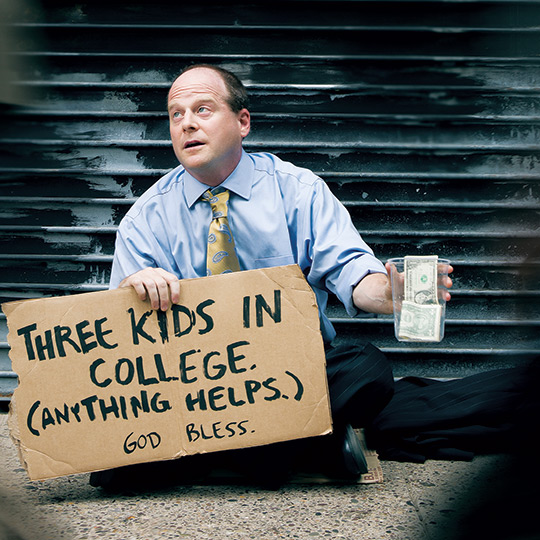 Man sitting on the street with change and a sign begging for money to pay for college